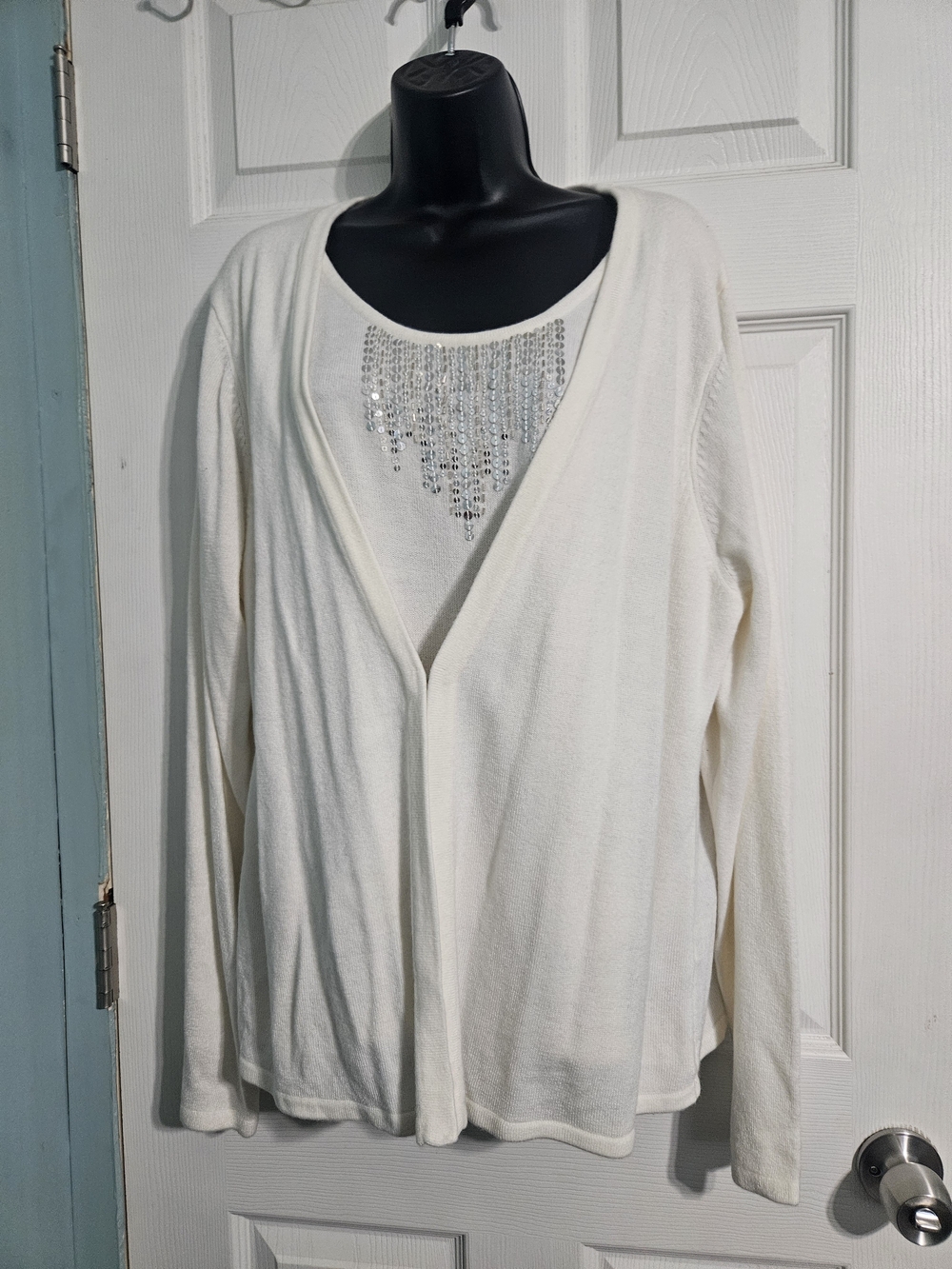 Sag Harbor Cream Scoop Neck Sweater with Silver Sequin Accent